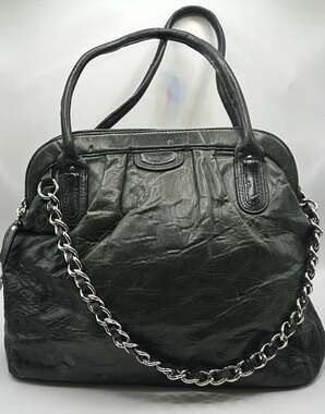 100% Lamb Leather Black Shoulder Bag with Silver Chain Detail
